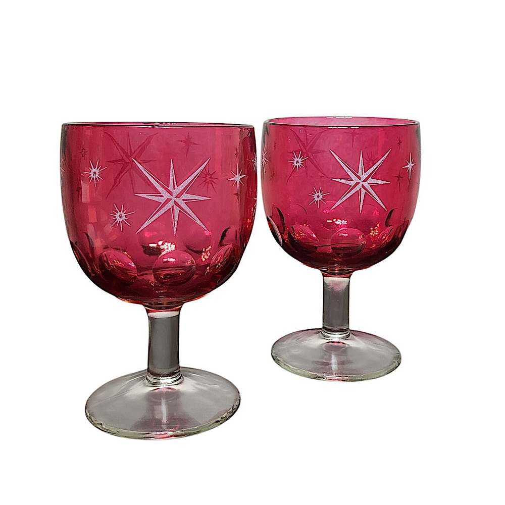 Bartlett Collins Etched Atomic Starburst Cranberry Thumbprint Vintage Goblets 2